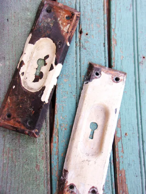 Antique Brass Skeleton Key Hole Victorian Pocket Door Cover Plates/Escutcheons