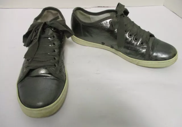 LANVIN cracked metallic gun-metal leather low-top lace-up sneakers sz 37