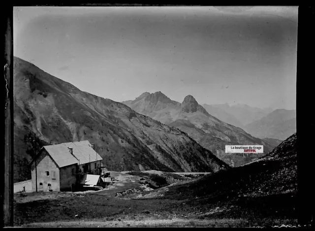 Plaque verre photo ancienne négatif noir et blanc 6x9 cm paysage Alpes montagne