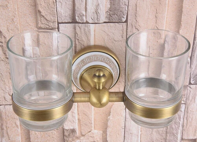 Antique Brass Toothbrush Holder Double Glass Cup Holder Wall Mounted Lba583