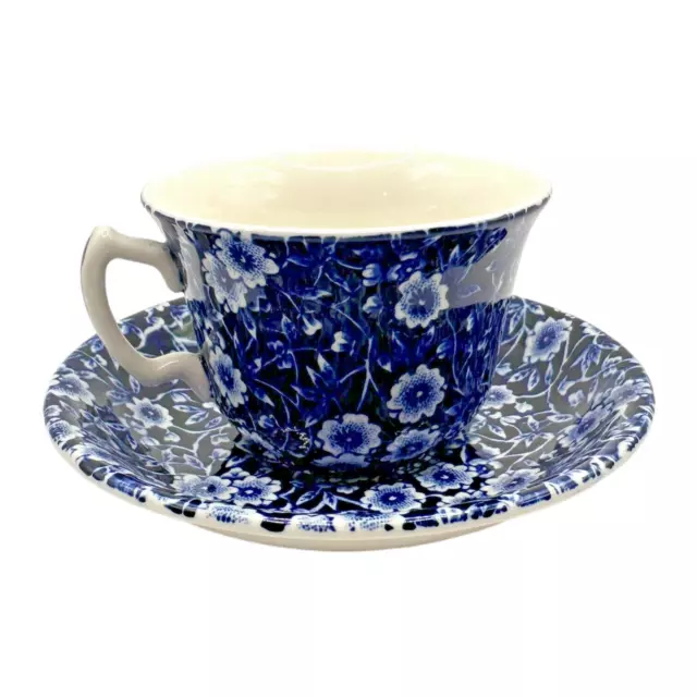 Vintage Staffordshire Calico Blue Tea Cup & Saucer Set Burleigh Stamp Blue White