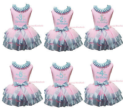 My 1ST 2ND 3RD Birthday Pink Top Bling Blue Satin Trim Skirt Girls Outfit NB-8Y
