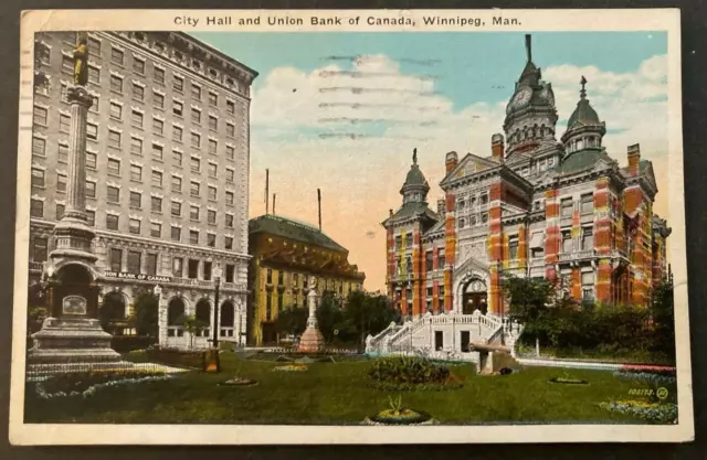 pk81352:Postcard-Vintage View City Hall & Union Bank of Canada,Winnipeg,Manitoba