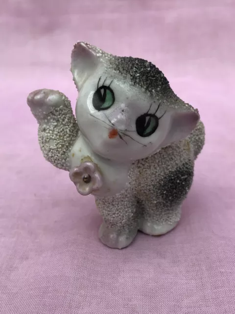 Midcentury Kitsch, Ceramic Kitten Figurine, Hand Painted, Sugar Textured Cat.