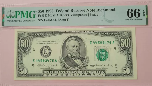 1990 $50 Fr#2124-E Federal Reserve Note Richmond  PMG 66EPQ Gem Uncirculated
