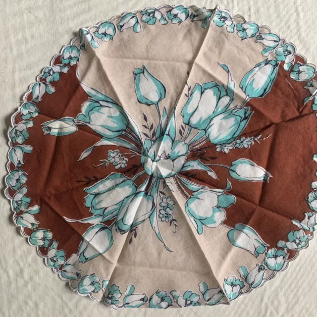 Vintage Antique Ladies Hankie Handkerchief 1950s Round Blue Tulips Estate Find