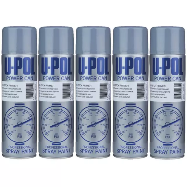 5X U-Pol Etch Primer Spray Grey Power Can  Direct to metal Anti-Corrosive 500ml