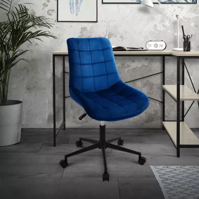 Silla de oficina ergonómica de terciopelo azul con ruedas y altura ajustable