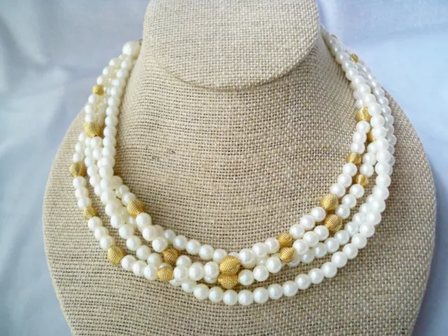 Vintage Multi Strand Faux Pearl Necklace With Gold Tone Coiled Bead Accents