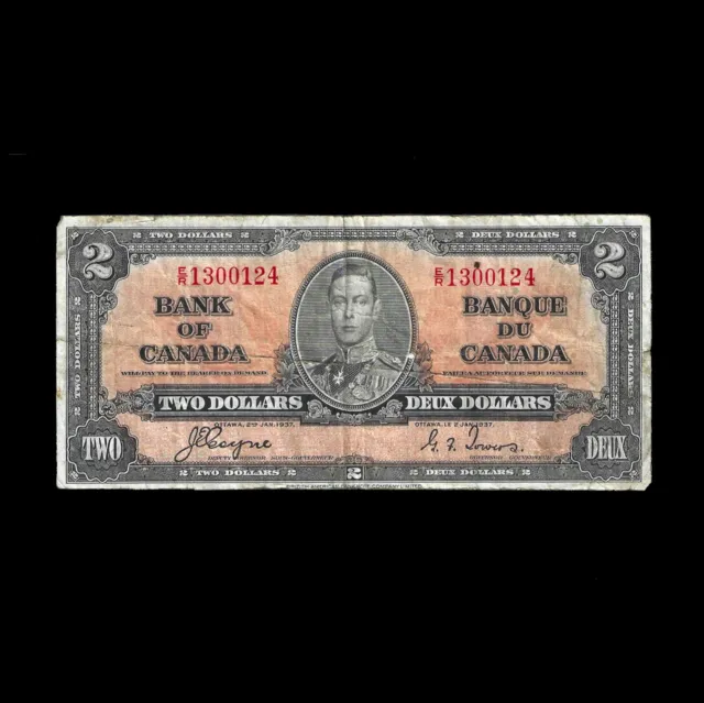 1937 Bank of Canada 2$ TWO DOLLAR CANADIAN BANK NOTE Coyne-Towers – Prefix ER