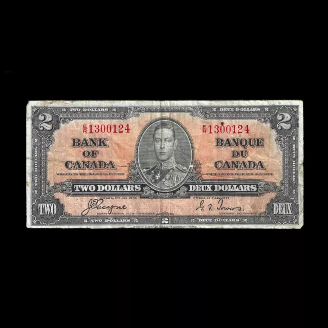 1937 Bank of Canada 2$ TWO DOLLAR CANADIAN BANK NOTE Coyne-Towers – Prefix ER