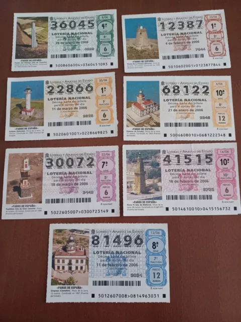 Lote De 7 Decimos De loteria nacional Serie FAROS  Año 2006