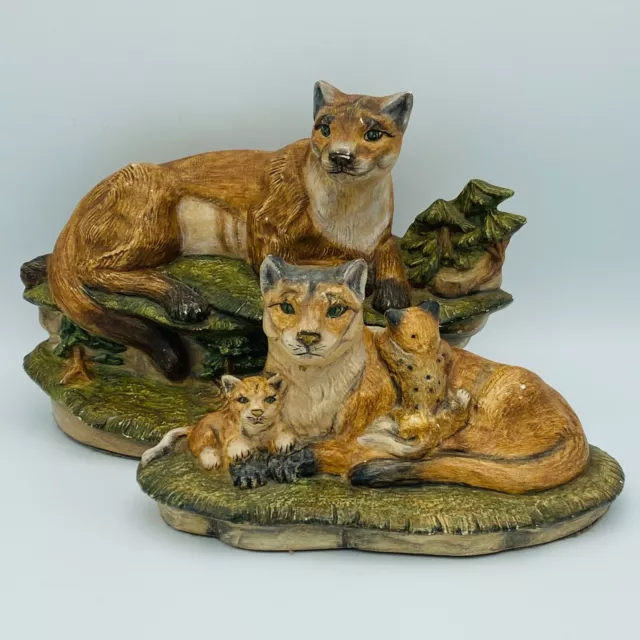 Vintage Cougar Mountain Lion Family Garniture Ceramic Figurines Set Hand Painted