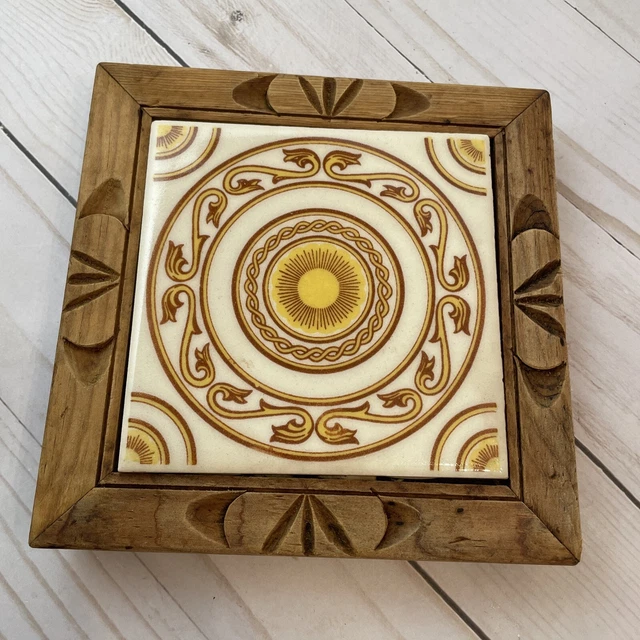 Vintage Wood Framed Dal-Tile 79 Mexico Tile Footed Trivet Hot Plate Hand Carved