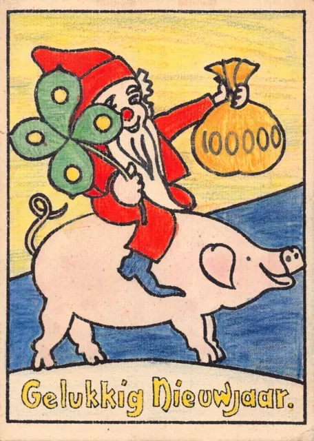 G008 New Year gnome dwarf riding a pig shamrock money bag luck postcard