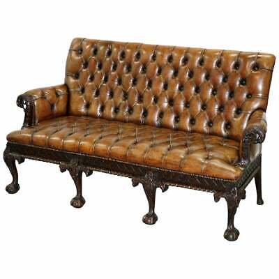 19Th Century Hand Carved Hawk Claw & Ball Feet Chesterfield Sofa Brown Leather