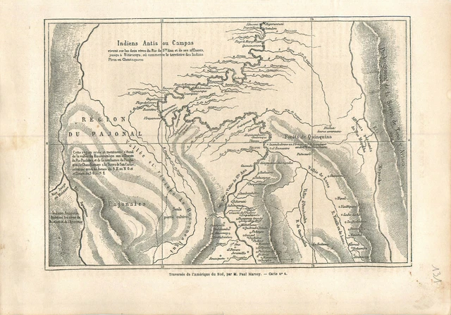 Carte du territoire des Indiens Antis Campas Pérou Amérique du Sud GRAVURE 1864