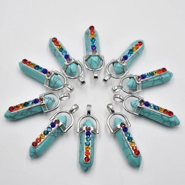 100pcs Turquoise Stone Hexagonal Pointed 7 Color Reiki Chakra Pendant Necklace