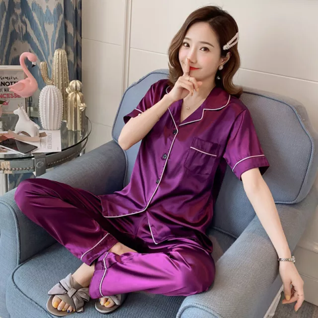 Womens Ladies Silk Satin Pajamas Set Long Sleeve Sleepwear Loungewear  Nightwear