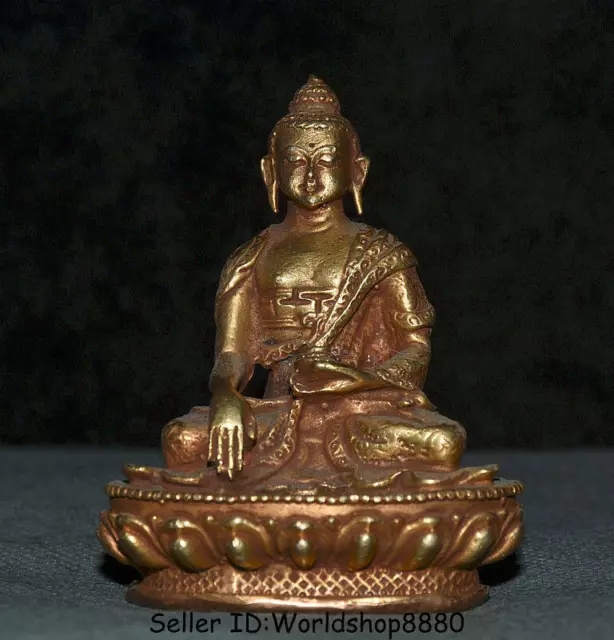 3.2" Old Tibet Buddhism Temple Copper Gilt Shakyamuni Amitabha Buddha Statue