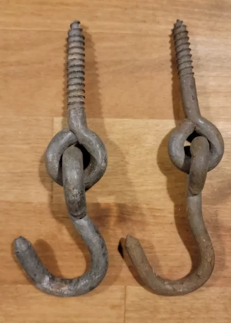Pair Original Antique Cast Iron Galvanized Swivel Hooks Barn Industrial