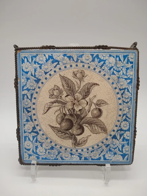 Antique Aesthetic Movement Tile Trivet in Wrought Iron Possibly Minton Brown 6"