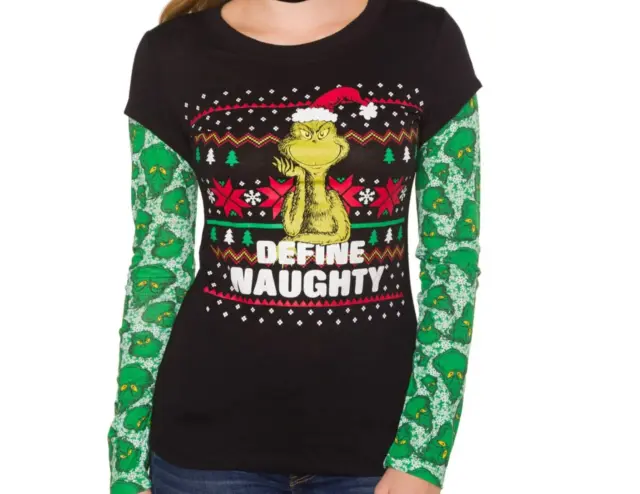 New Define Naughty Grinch Christmas Tee Shirt Long Sleeve Women's/ Juniors XL