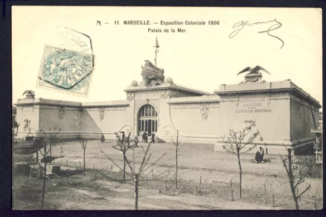 cpa Cachet EXPO COLONIALE 1906 MARSEILLE Palais de la Mer Météorologie Sauvetage