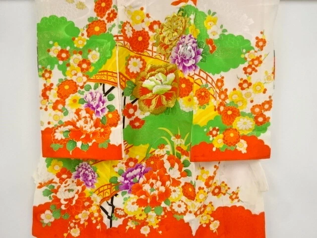 39875# Japanese Kimono / Antique Kimono For Girls / Embroidery / Kiku & Peony