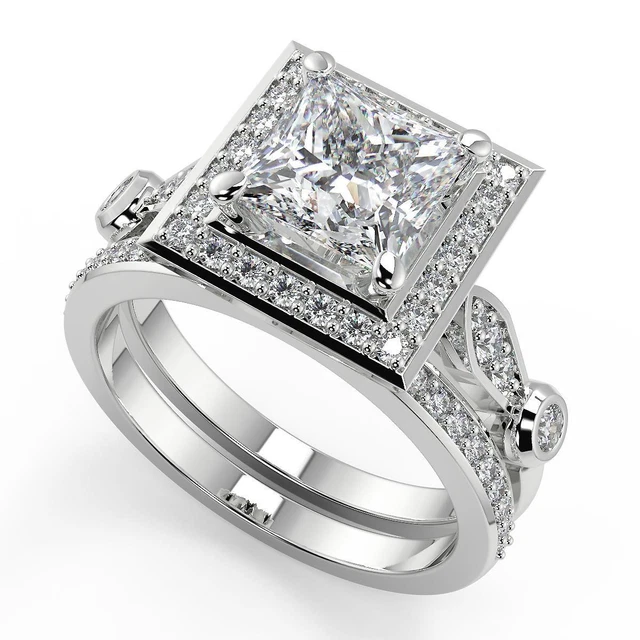 2.6 Ct Princess Cut Halo Pave Diamond Engagement Ring VS2 H Treated
