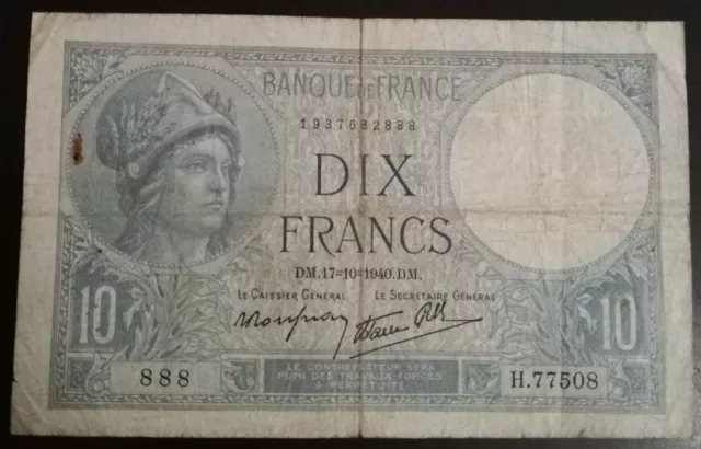 Billet Français 10 Francs Minerve Départ 1 Euro