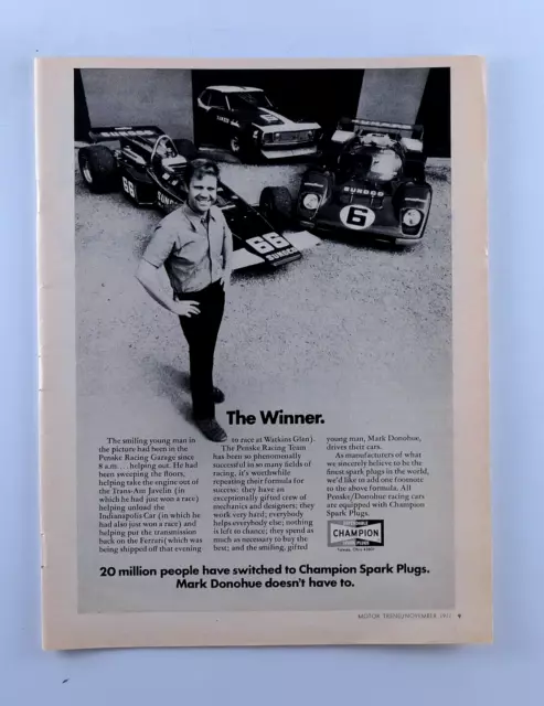 Mark Donohue Vintage 1971 Champion Spark Plug Original Print Ad 8.5 x 11"