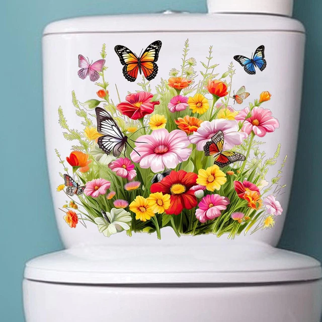 BUTTERFLY FLOWER TOILET Seat Stickers Toilet Lid Decals Diy Removable