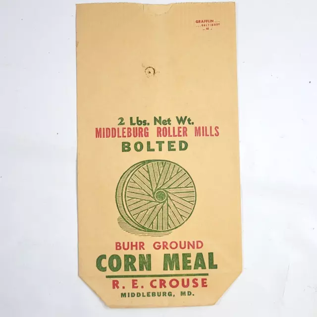 Vintage Middleburg MD Roller Mills  Buhr Ground Corn Meal Bag 2 Lb. R.E. Crouse 2