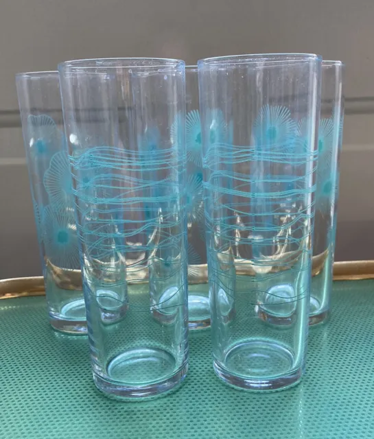 A Set Of 5 Glasses Turquoise Tumblers Retro / Vintage