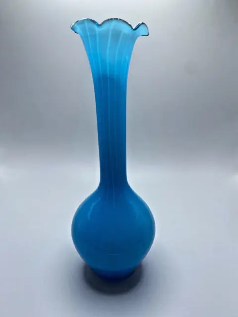 Vintage Blue Opaline Glass Bud Vase Ruffle Collar Swirl Art Glass Vase 8”