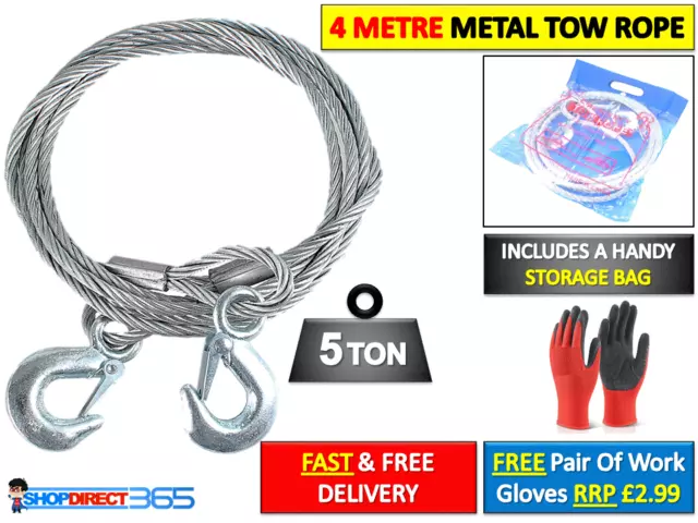 4 Metre Metal Steel Tow Pull Rope 5 Ton Heavy Duty Wire Car Van Recovery 9-14