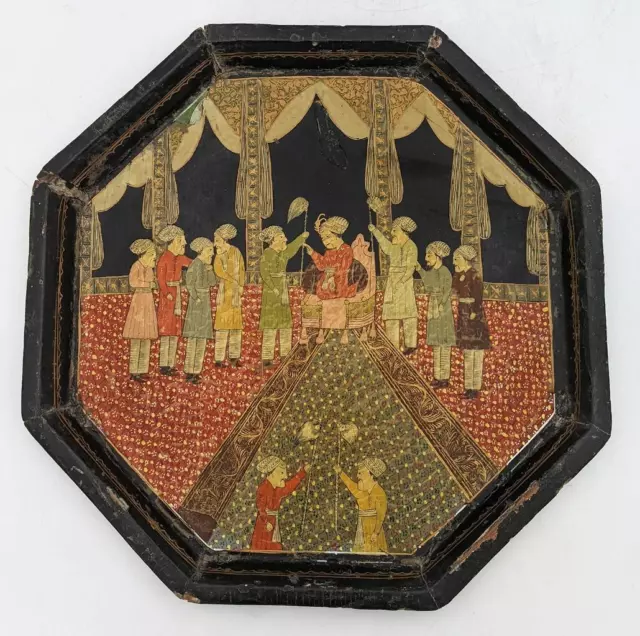 INDIAN MUGHAL STYLE HAND PAINTED LACQUER DISH c1900 10.3 INCHES