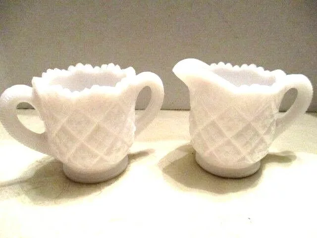Mini White Milk Glass Diamond Cut Saw Tooth Top Rim Creamer Sugar Bowl Set