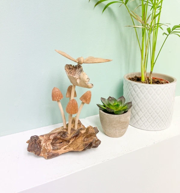 Hand Carved Butterfly Ornament on Wooden Carved Mushrooms Toadstools with Log