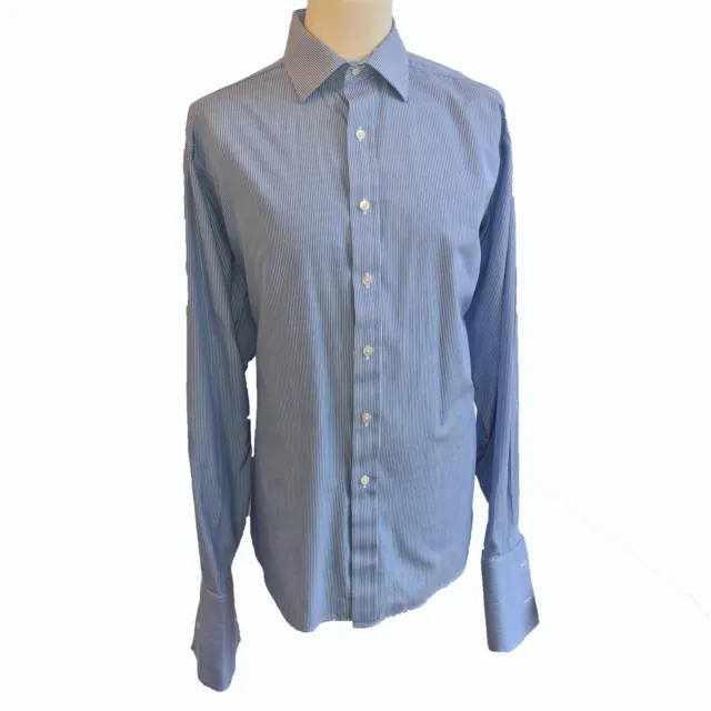 Harvie & Hudson Shirt Blue Stripe Double Cuff Cotton Formal Shirt 17" Collar