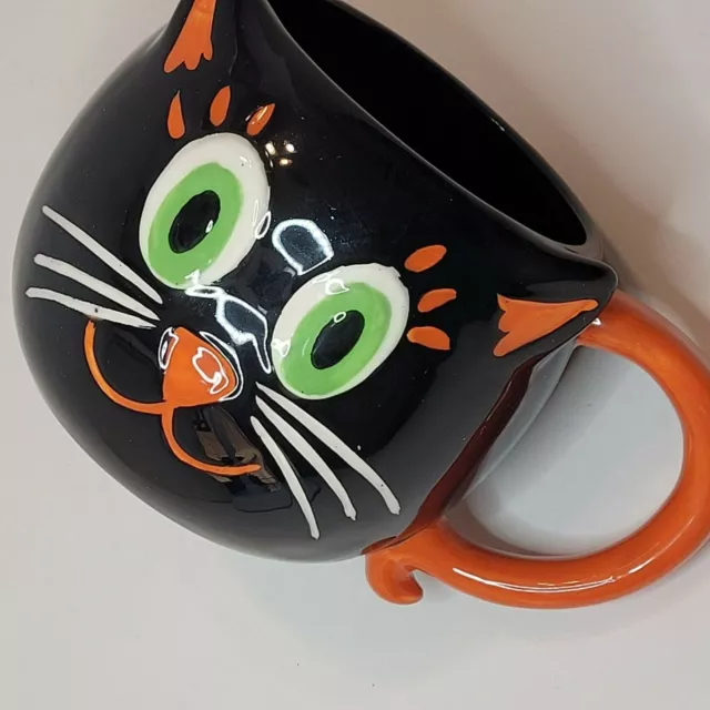 Halloween Cat Mug Retro Style Smiling Black Cat Orange Accents Tail Handle TAG