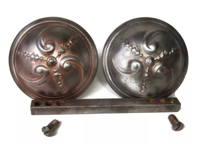 Pair of Antique Vintage Eastlake Victorian Ornate Metal Door Knobs w/ Spindle