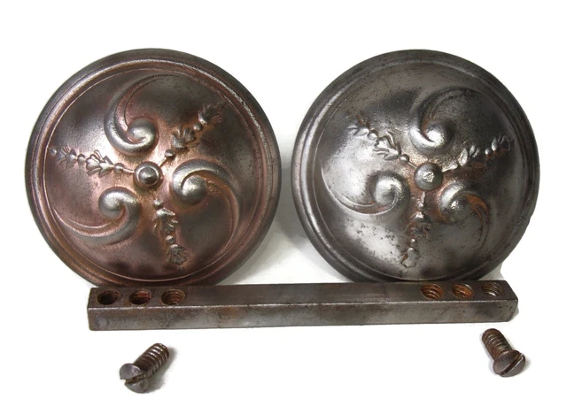 Pair of Antique Vintage Eastlake Victorian Ornate Metal Door Knobs w/ Spindle