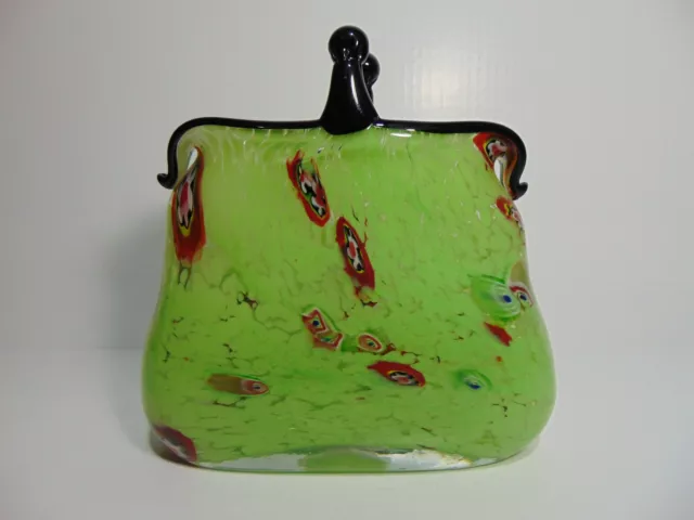 Art Glass Purse Handbag Vase Green With Red Black And White Millifiori