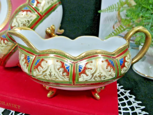 Nippon creamer and sugar holder footed painted beaded gold gilt Japan 1920s 5