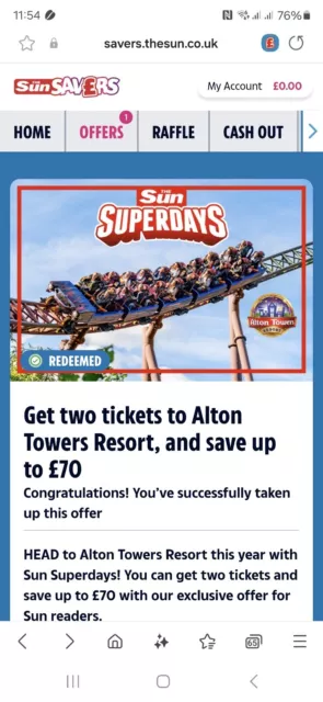 Alton Towers Tickets X 2,  26 March 2024