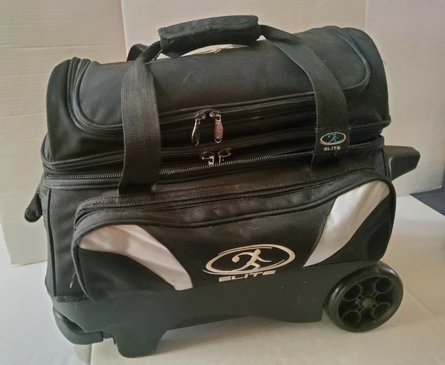 Elite Double Bowling Ball Bag Wheels Pockets Strap Black Accessory Shoe Holders