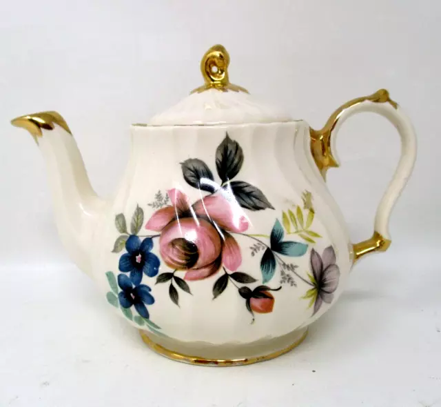 Vintage Teapot Sadler England Rose Floral Design Gold Trim 5in Tall