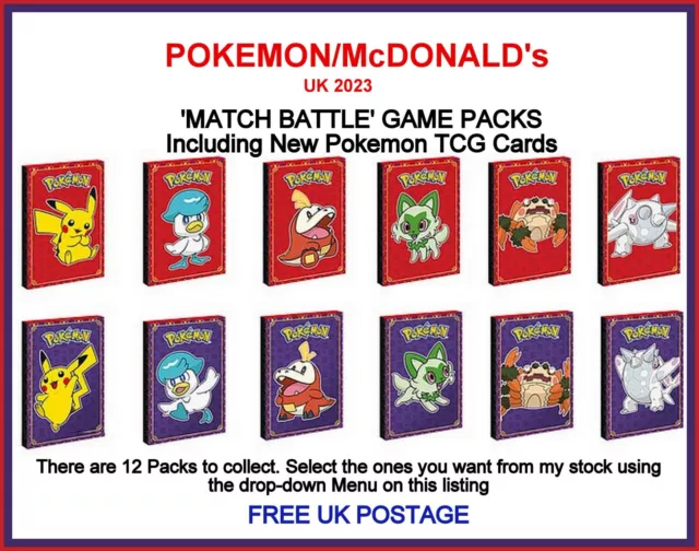 McDonald's Happy Meal Toys UK 2023/POKEMON Match Battle game Packs inc TCG Cards